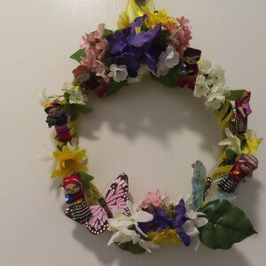 Handmade Worry Dolls Wreath 6 Removable Dolls Silk Flowers 12" Wreath